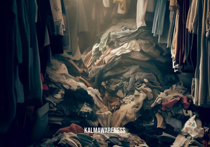 mindfulness clothing _ Image: A cluttered closet filled with disorganized clothes. Image description: The closet is overflowing with clothes haphazardly thrown in, creating chaos.