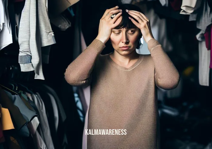 mindfulness clothing _ Image: A stressed person standing in front of the cluttered closet. Image description: The person looks overwhelmed, unable to find the right outfit in the disarray.