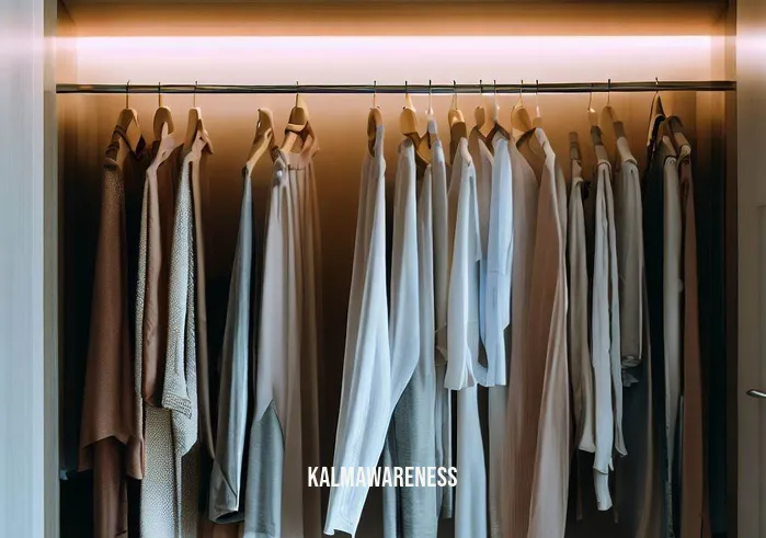 mindfulness clothing _ Image: A serene, minimalist wardrobe with neatly hung clothing. Image description: The closet now exudes calmness and simplicity with everything in its place.