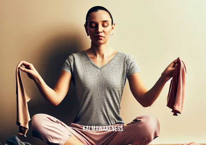 mindfulness clothing _ Image: A person practicing mindfulness, peacefully choosing an outfit. Image description: The individual is now at ease, selecting clothing mindfully, appreciating each piece.