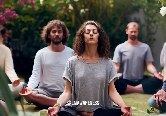 mindfulness discussion questions _ Image: A circle of people sitting in a serene garden, their eyes closed, engaged in a mindfulness meditation session. Image description: They sit cross-legged, with straight posture, surrounded by blooming flowers and a gentle breeze.