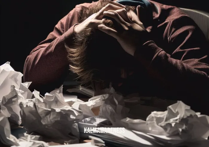 mindfulness exercises in spanish _ Image: A cluttered desk with scattered papers, a stressed person hunched over it, furrowing their brow.Image description: Un escritorio desordenado con papeles dispersos, una persona estresada inclinada sobre él, frunciendo el ceño.