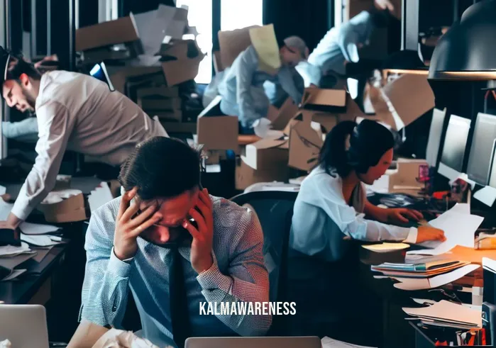 mindfulness in the workplace presentation _ Image: A busy, cluttered office space with employees hunched over their desks, looking stressed and overwhelmed. Image description: The office is filled with papers, laptops, and stressed-looking employees trying to multitask.