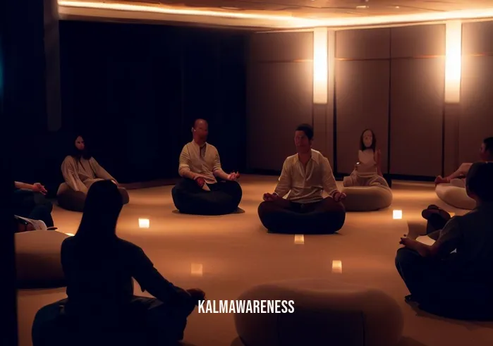 mindfulness in the workplace presentation _ Image: A conference room with dimmed lights, employees sitting in a circle, and a facilitator leading a mindfulness session. Image description: Employees sit comfortably on cushions, practicing deep breathing and mindfulness techniques under soft lighting.