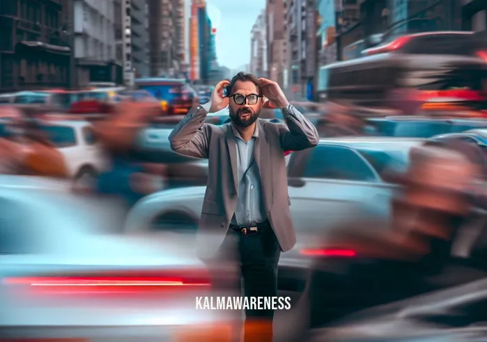 mindfulness is a superpower _ Image: A bustling city street during rush hour, people hurrying in all directions, horns honking, and a person looking frustrated amidst the chaos.Image description: A busy urban street with a sea of rushing people, cars honking, a person appearing frustrated as they navigate the hectic environment.