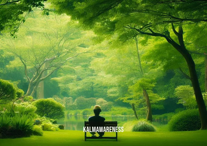 mindfulness is a superpower _ Image: A peaceful park with lush greenery, a person sitting on a bench, taking a deep breath and observing the tranquil surroundings.Image description: A serene park with vibrant green trees and a person seated on a bench, taking a deep, calming breath while observing the peaceful atmosphere.