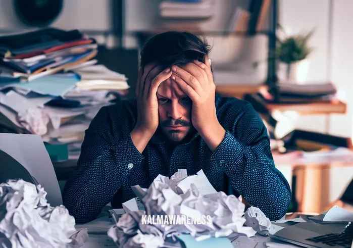 mindfulness jar for adults _ Image: A cluttered desk with scattered papers, an overwhelmed person sits in front, looking stressed. Image description: A cluttered workspace with disorganized papers and a stressed individual.
