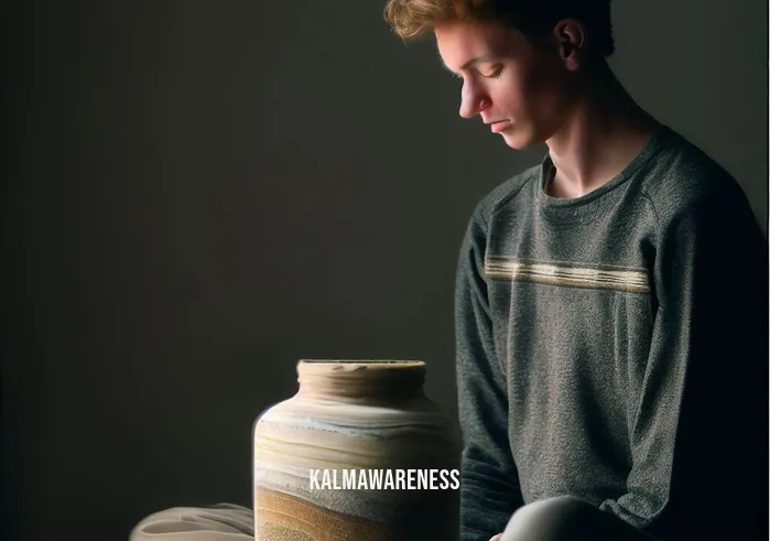 mindfulness jar for adults _ Image: The same person now sits peacefully, gazing at the jar filled with layered, settled sand. Image description: The individual sits peacefully, observing the beautifully layered sand in the jar.