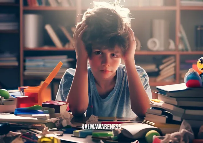mindfulness journal for kids _ Image: A cluttered desk with scattered toys and books, a frustrated child sits amidst the chaos.Image description: A young boy in a messy room, looking overwhelmed and anxious, surrounded by unfinished tasks.
