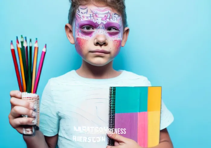 mindfulness journal for kids _ Image: The same child now holds a colorful journal and a set of colored pencils, curiosity replacing frustration.Image description: The child