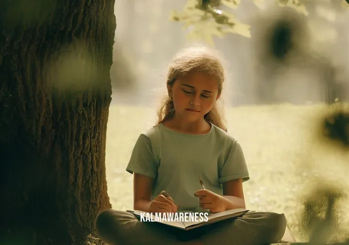 mindfulness journal for kids _ Image: The child sits cross-legged under a tree in a tranquil park, jotting down thoughts and feelings in their journal.Image description: The child peacefully journaling in a serene natural setting, surrounded by trees and birdsong.