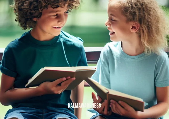 mindfulness journal for kids _ Image: The child shares their journal with a friend, both smiling and connecting through their shared mindfulness practice.Image description: Two kids sitting on a park bench, looking content while discussing their journal entries.