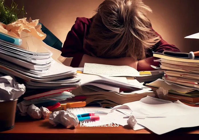 mindfulness journal for teens _ Image: A cluttered desk with scattered schoolwork and a stressed teenager hunched over it. Image description: A messy desk filled with scattered papers, textbooks, and a disheveled teenager, looking overwhelmed.