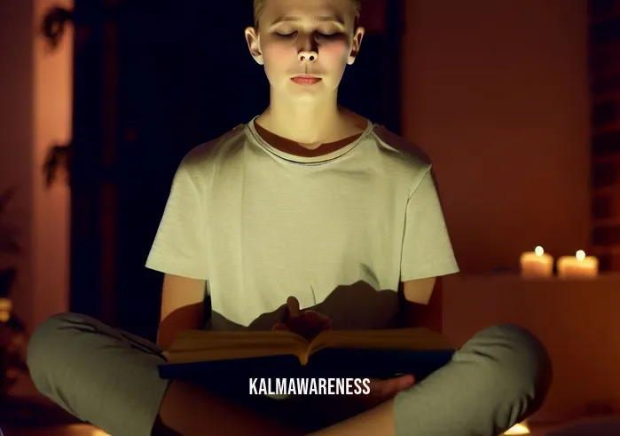 mindfulness journal for teens _ Image: The teenager sitting cross-legged on the floor, eyes closed, surrounded by a calming, dimly lit room with a journal in hand. Image description: The teenager now sits peacefully cross-legged on the floor, surrounded by a serene, dimly lit room. They hold a mindfulness journal in hand.