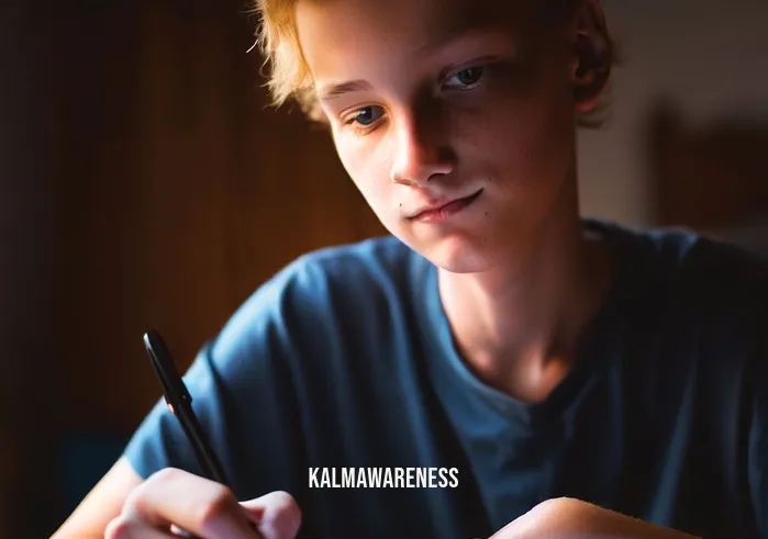 mindfulness journal for teens _ Image: The teenager jotting down thoughts in the journal, a look of focus and calmness on their face. Image description: The teenager is engrossed in journaling, their face radiating calm and concentration as they jot down their thoughts.