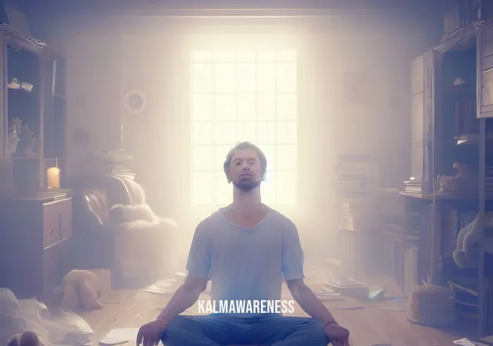 mindfulness meditation clipart _ Image: The same room, now with a person sitting cross-legged on the floor, eyes closed, surrounded by a serene and calming aura, as the clutter begins to fade away.Image description: The same person has found a moment of peace and clarity through mindfulness meditation, gradually restoring order to their surroundings.