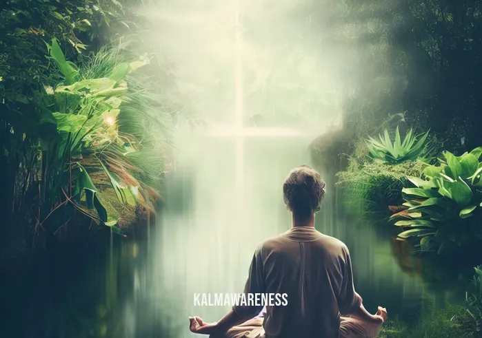 mindfulness meditation clipart _ Image: A peaceful outdoor setting with the person meditating beside a tranquil pond, surrounded by lush greenery, a sense of calm washing over them.Image description: The individual has transitioned from chaos to a serene natural environment, deepening their mindfulness practice.