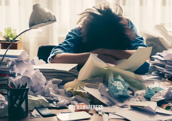 mindfulness prayer _ Image: A cluttered, messy desk with scattered papers and a stressed-looking person hunched over it, overwhelmed by work.Image description: A cluttered, messy desk with scattered papers and a stressed-looking person hunched over it, overwhelmed by work.