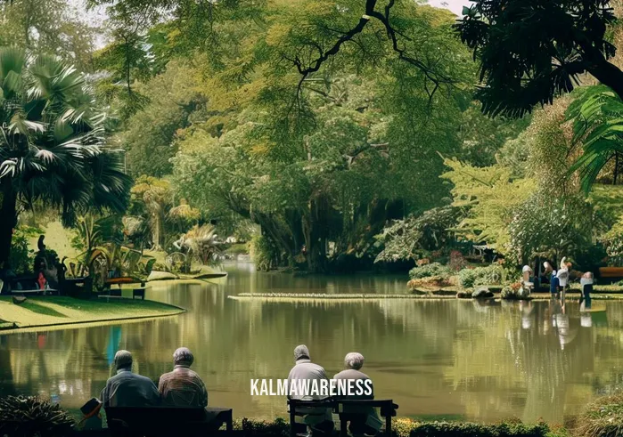 mindfulness questions for adults _ Image: A serene park with a calm pond, surrounded by lush greenery and a few people sitting on benches. Image description: A few adults have found a quiet oasis amidst nature, sitting peacefully by the tranquil pond, taking a break from their busy lives.