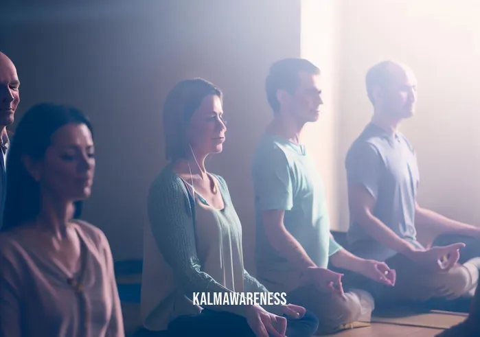 mindfulness questions for adults _ Image: A group of adults sitting in a circle on yoga mats in a softly lit, quiet room, with their eyes closed. Image description: Participants in a mindfulness workshop, adults meditating together in a serene, softly lit room, finding inner calm.