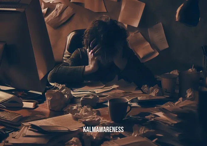 mindfulness story _ Image: A cluttered desk with scattered papers, a stressed person in front of a computer, surrounded by chaos.Image description: A cluttered desk filled with papers, pens, and coffee cups. A person sits hunched over a computer, their forehead creased with stress. The room is dimly lit, adding to the tense atmosphere.