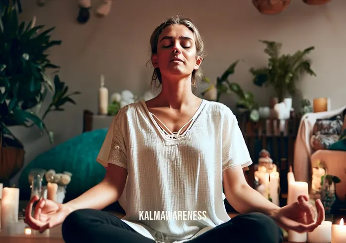 mindfulness story _ Image: A person engaging in mindfulness meditation, sitting cross-legged on a yoga mat, surrounded by soothing candles and peaceful decor.Image description: The person has transitioned into a serene space. They