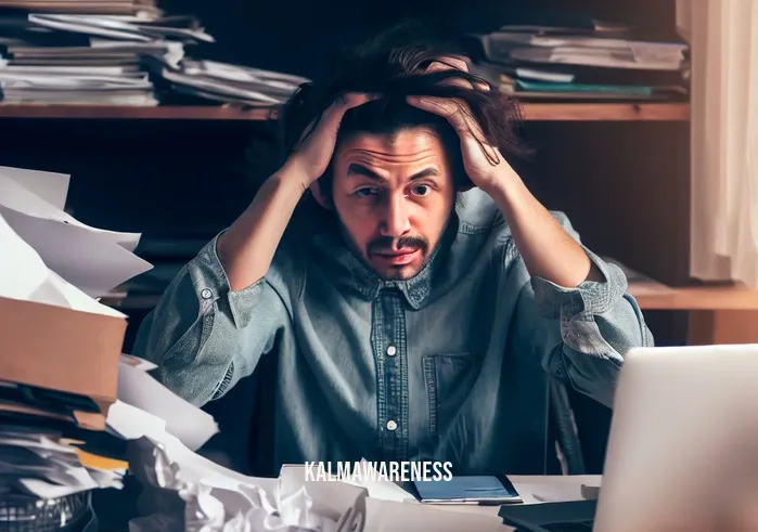 mindfulness superpower _ Image: A cluttered and chaotic desk with papers, a laptop, and a stressed person in front. Image description: A disorganized workspace with scattered papers, an overwhelmed individual looking frustrated.