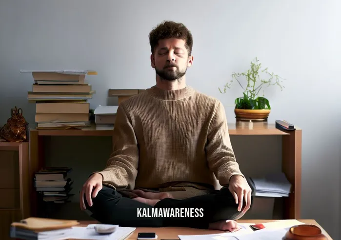 mindfulness superpower _ Image: The same desk, now cleared of clutter, with a person sitting calmly, eyes closed, and a serene expression. Image description: The desk is now organized, and the person is practicing mindfulness with closed eyes, finding inner calm.
