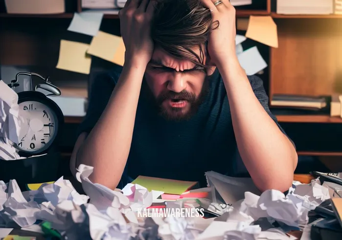 mindfulness themes _ Image: A cluttered desk with scattered papers, a stressed person with a furrowed brow.Image description: A cluttered desk filled with scattered papers and stationery, a person sitting with a furrowed brow, overwhelmed by the mess.