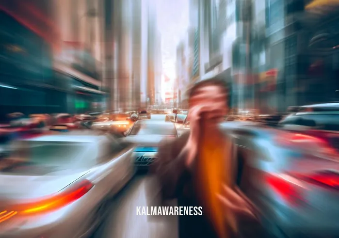 mindfulness themes _ Image: A bustling city street with people rushing, honking cars, and a person looking anxious amidst the chaos.Image description: A bustling city street with people rushing, honking cars, and a person looking anxious amidst the chaos, overwhelmed by urban life.