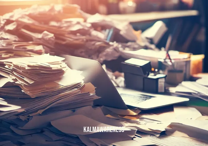 mindfulness walk worksheet _ Image: A cluttered desk covered in papers, a laptop, and scattered office supplies.Image description: A messy workspace with disorganized papers, creating a sense of overwhelm.