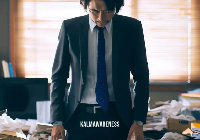 mindfulness walk worksheet _ Image: A person wearing office attire standing in front of the messy desk, looking stressed and overwhelmed.Image description: A person in business attire, visibly stressed, gazing at the chaotic desk.