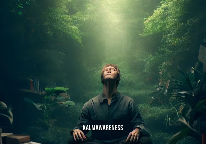 mindfulness walk worksheet _ Image: The same person now outside, surrounded by a lush green forest, taking a deep breath with closed eyes.Image description: The individual has left their cluttered workspace and is now in a serene forest, finding solace in the natural environment.