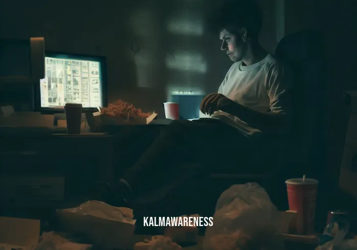 mindfulpleasure _ Image: A cluttered, dimly lit room with a disheveled person surrounded by empty fast-food containers and a laptop displaying a busy work screen.Image description: A stressed individual sits amidst chaos, overwhelmed by work and unhealthy habits.