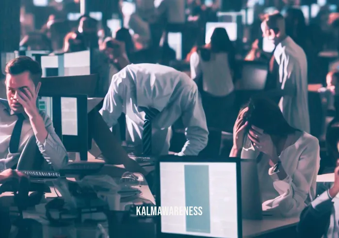 mirabai bush _ Image: A bustling office with people hunched over desks, overwhelmed by technology. Image description: An office filled with employees absorbed in their digital screens, looking stressed and disconnected from one another.