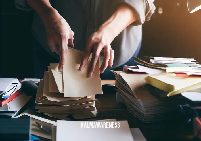 mirror method shifting _ Image: The person starting to organize their desk, neatly arranging papers and stationery into neat piles. Image description: Taking the first step towards a solution by tidying up the workspace.