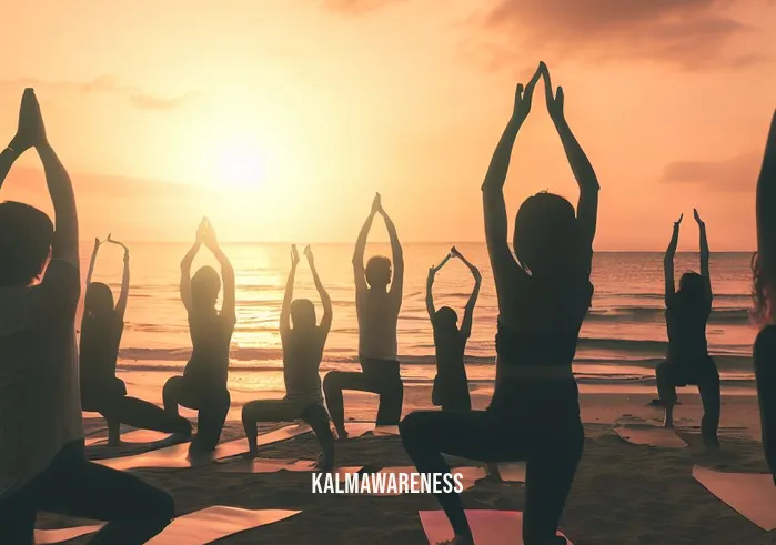 moments of mindfulness _ Image: A group yoga class by the beach, people in various yoga poses, the sun setting over the ocean.Image description: A group yoga class by the beach, people in various yoga poses, the sun setting over the ocean.