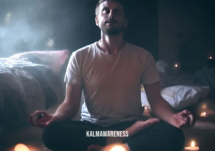 morning manifest meditation _ Image: A person sitting cross-legged on the bedroom floor, eyes closed in deep meditation, surrounded by flickering candles and a calming aura.Image description: Amidst the chaos, a moment of stillness as meditation takes center stage, bringing serenity and focus.