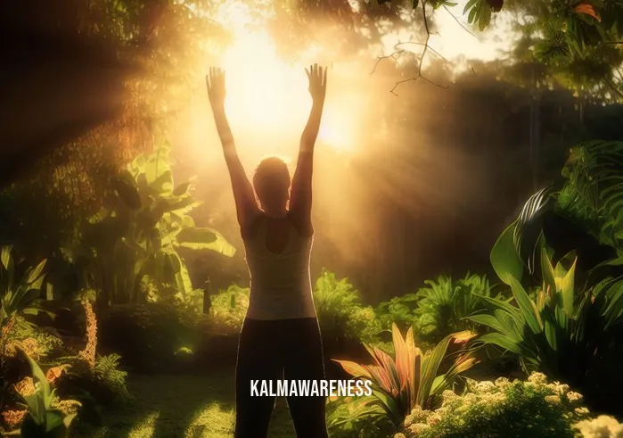 morning manifest meditation _ Image: The individual, now outside in a lush garden, practicing yoga at sunrise, with arms stretched upward in a sun salutation pose.Image description: Embracing the day