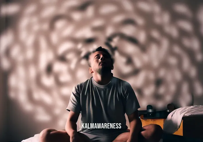 morning meditation anxiety _ Image: A person sits cross-legged on the bedroom floor, surrounded by scattered thoughts represented as swirling clouds. Image description: Their face shows signs of worry as they attempt to begin their morning meditation practice.