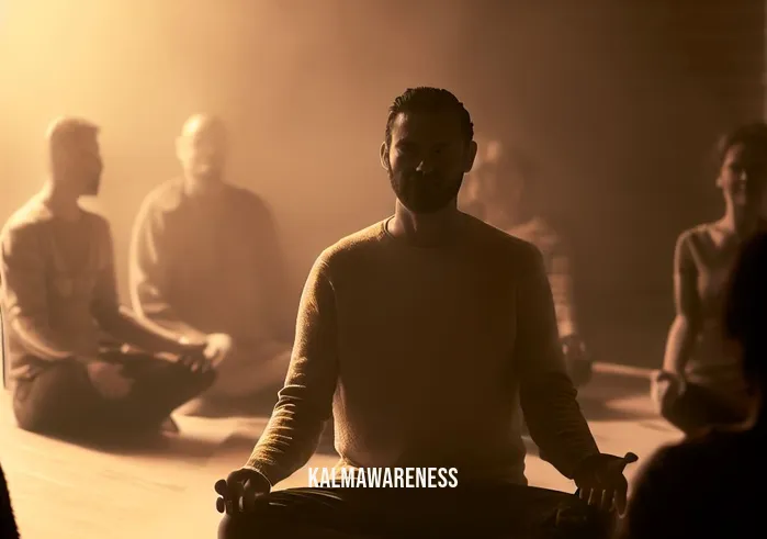 morning meditation anxiety _ Image: The person, now at a cozy meditation space, meditates with a group of like-minded individuals. Image description: The supportive community fosters a sense of belonging and inner peace.