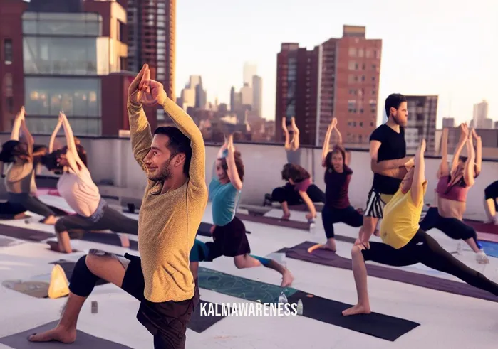 move and meditate _ Image: An urban rooftop yoga studio, where a group of diverse individuals engage in a yoga session, striking various poses as they focus on their breath and movements.Image description: In the heart of the city, a sense of community forms as participants stretch and bend, cultivating mindfulness through yoga practice.