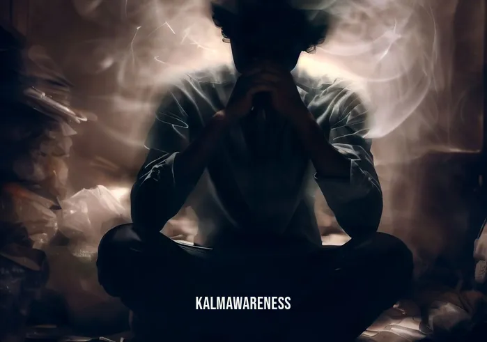 negative thoughts meditation _ Image: A person sits alone in a dimly lit room, surrounded by cluttered thoughts, their furrowed brow reflecting inner turmoil.Image description: The individual appears lost in negative thoughts, their head cradled in their hands, an aura of stress and anxiety enveloping them.