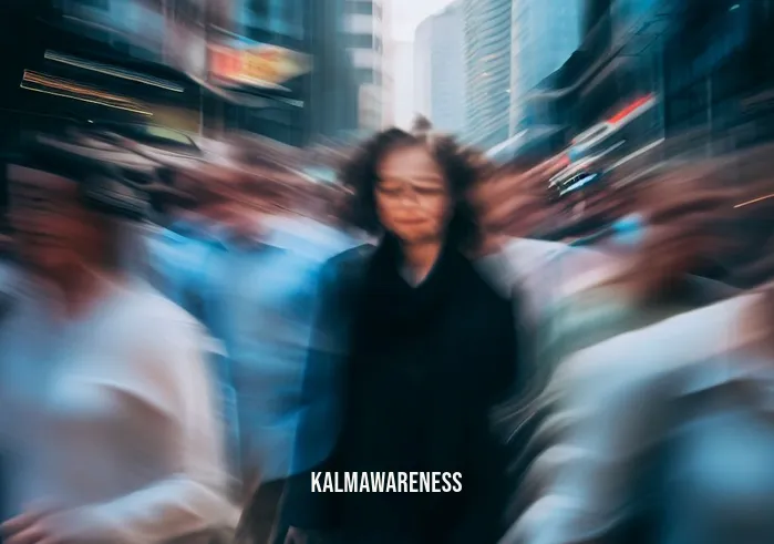 neuro somatic mindfulness _ Image: A crowded, bustling city street with people rushing by, looking stressed and distracted. Image description: The city street is filled with people walking quickly, heads down, and lost in their thoughts.