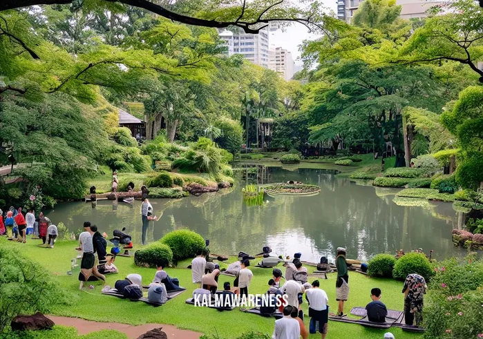 neuro somatic mindfulness _ Image: A tranquil park with a peaceful pond, surrounded by lush greenery, where people are starting to gather for mindfulness meditation. Image description: The serene park offers a stark contrast to the city scene, as people begin to gather for a mindfulness meditation session by the peaceful pond.