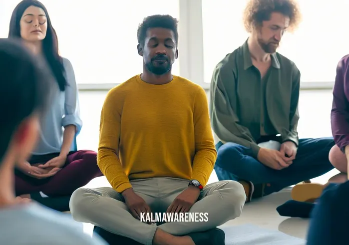 neuro somatic mindfulness _ Image: A diverse group of individuals sitting in a circle, eyes closed, practicing neuro-somatic mindfulness with a guide. Image description: The diverse group sits in a circle, eyes closed, as they follow a mindfulness guide in a neuro-somatic meditation session.
