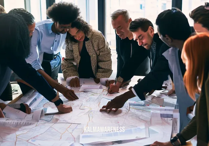 no be _ Image: A group of diverse individuals huddled around a table covered with maps and blueprints, engaged in an intense discussion.Image description: Community leaders, planners, and architects collaborating on urban development solutions to address the congestion issue.