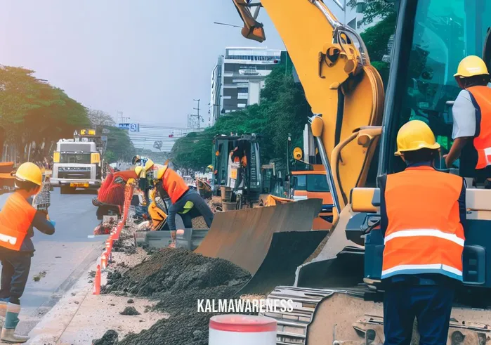 no be _ Image: Construction workers in hard hats and high-visibility vests operating heavy machinery to widen roads and build efficient public transportation.Image description: A construction site filled with the sound of progress, showcasing the implementation of infrastructure improvements.