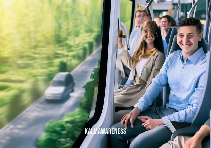 no be _ Image: Commuters smiling as they comfortably ride in sleek, modern public transportation vehicles, with clear roads and greenery in the surroundings.Image description: Eager passengers enjoying a smooth, eco-friendly commute, highlighting the positive impact of urban planning.
