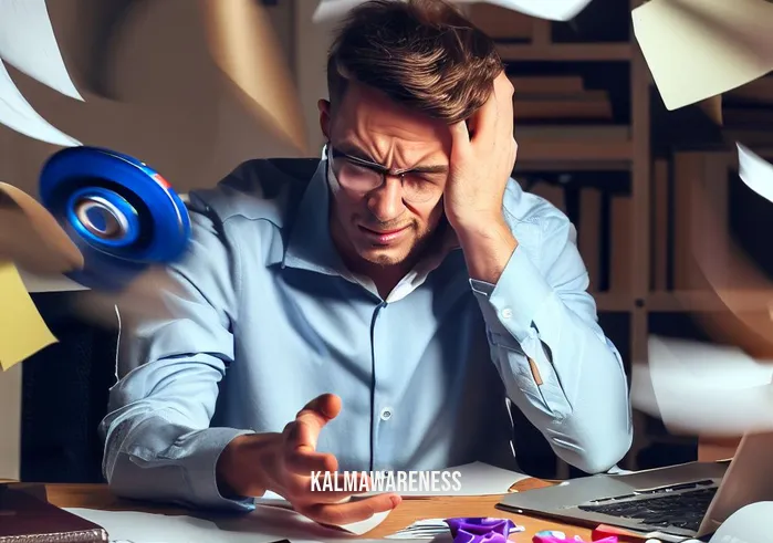 noisy fidget spinner _ Image: A cluttered desk covered in scattered papers and a noisy fidget spinner, with a frustrated person trying to concentrate.Image description: A person in an office setting, surrounded by chaos, struggling to focus due to the incessant noise of a spinning fidget toy.